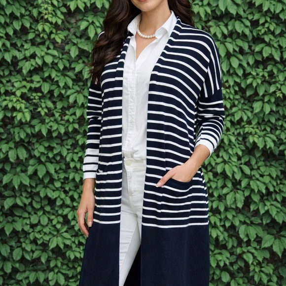 CAbi Sweaters - CABI Navy and White Nautical Stripe Long Ling Cardigan, M